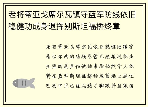 老将蒂亚戈席尔瓦镇守蓝军防线依旧稳健功成身退挥别斯坦福桥终章 老将蒂亚戈席尔瓦镇守蓝军防线依旧稳健功成身退挥别斯坦福桥终章
