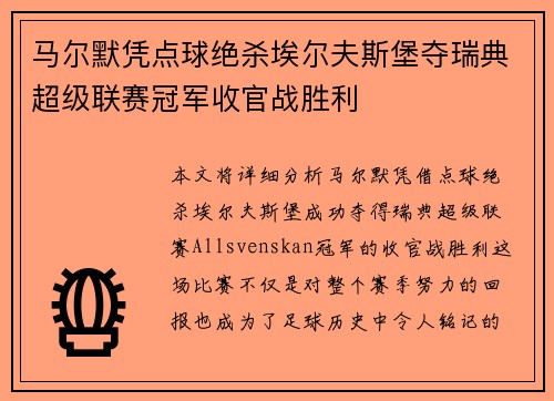 马尔默凭点球绝杀埃尔夫斯堡夺瑞典超级联赛冠军收官战胜利